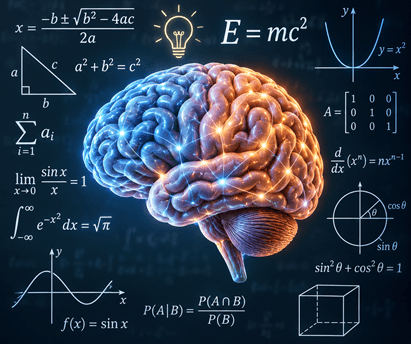 Brain surrounded by mathematical equations and diagrams